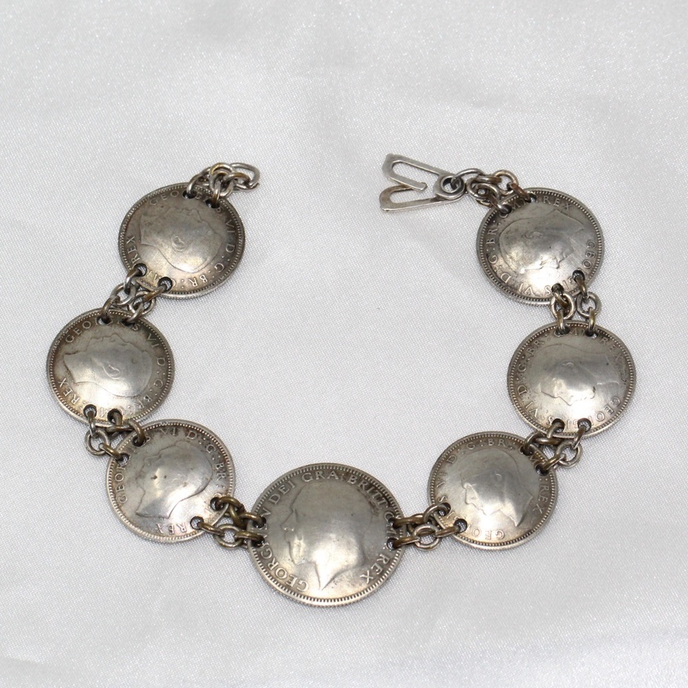 1929 Great Britain Shilling Coin & 6 Pence Coin Link Bracelet 7.5”